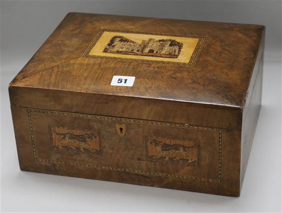 A Tunbridge Ware walnut work box with Eridge Castle top width 33cm height 15cm depth 26cm